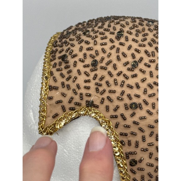 Vintage Alfreda New York Beaded Juliet Hat Tan Gold Metallic Trim Skullcap Cap main image 6